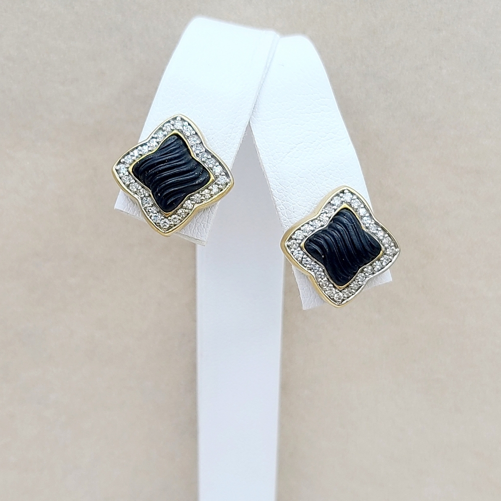 David Yurman Quatrefoil Carved Black Onyx Diamond Earrings in Solid 18k Gold